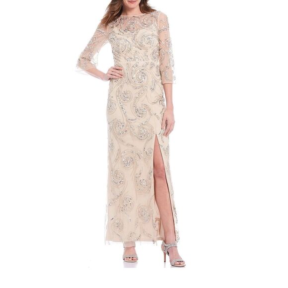 Aidan Mattox Fully Beaded Column 3/4 sleeve Gown In Champagne US 4 $495 - Picture 3 of 3